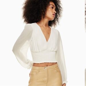 Aritzia Wilfred Wistful Long Sheer Sleeve V-Neck Blouse Light Birch Ivory 80851